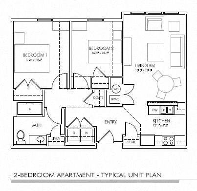 Floor plan for 2 beds, 1 bath, 821 sqft